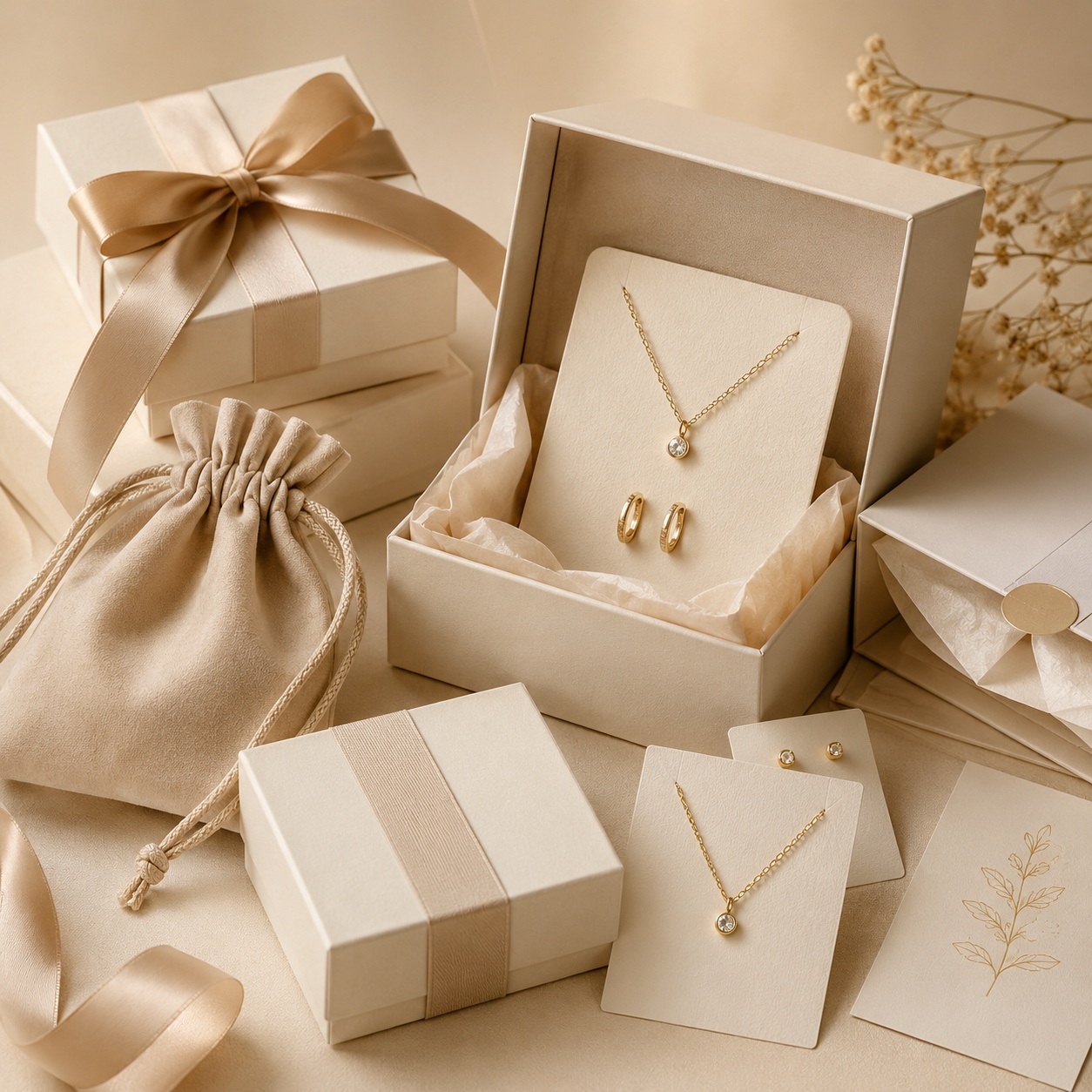 Private label jewelry packaging with cards boxes and pouches