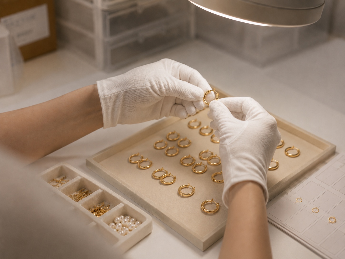 White-glove quality control check before gold-plated jewelry shipment