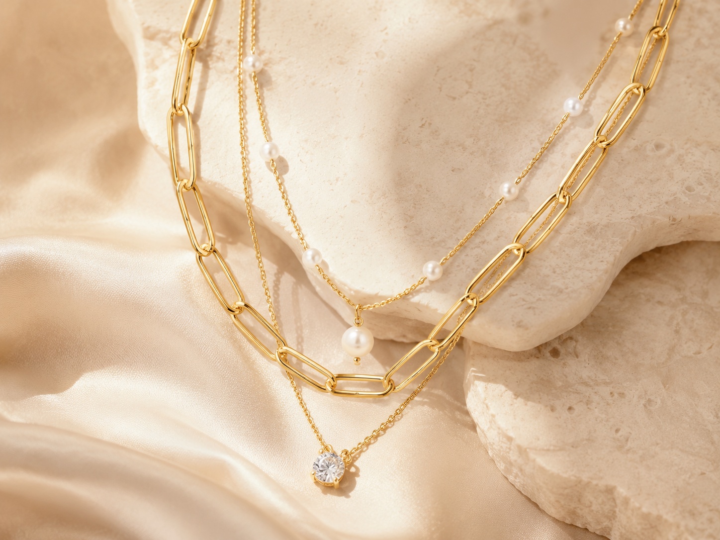 Layered gold-plated necklaces with pearl and CZ details on soft champagne background
