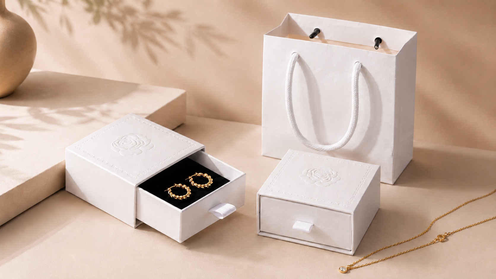 Private label jewelry packaging with cards, pouch, and box
